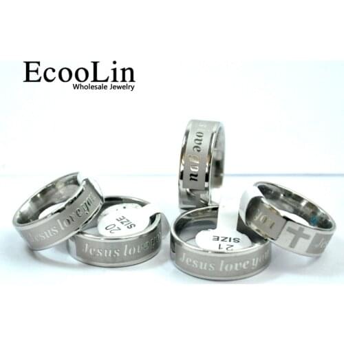 10Pcs JESUS LOVE YOU Stainless Steel Cross Faith Anglicans Christian Prayer Ring Letter Bible For Men Jewelry Never Fade LB4003