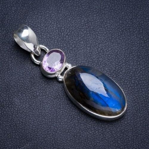 Natural Blue Fire Labradorite and Amethyst Handmade Unique 925 Sterling Silver Pendant 1.75" Y5068