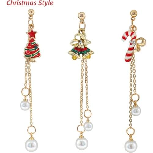 Delicate Present For Christmas Crutches Candy Christmas Tree Star Bell Pendant Artificial Pearl Drop Long Chain Jewelry Earrings