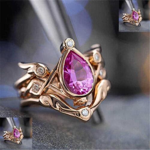 Fashion new womens water drop pear shaped red corundum ring Rose Gold Color Angel Wing wedding ring size 6-10