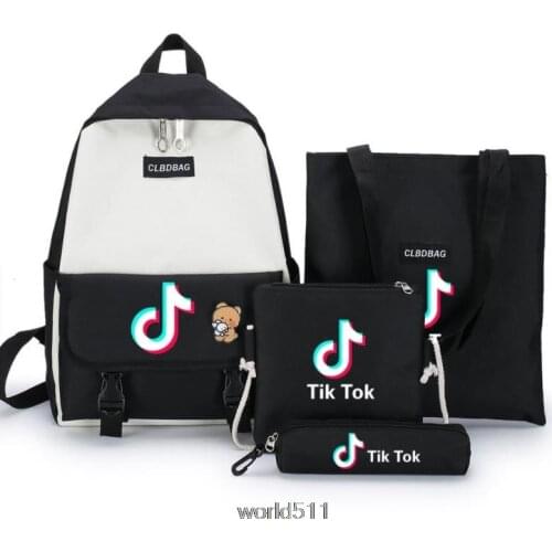 Casual Tik Tok Backpack 4pcs/set School Bags for Girls Boy Laptop Travel Knapsack Women Rucksack Shoulder Bags Pen Case
