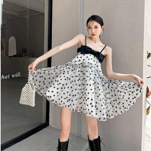 Vintage Jacquard Bowknot Sling Dress 2021 Summer New Women Backless Sweet Loose All-match Kawaii Dress