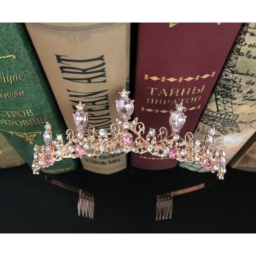 Handmade Pink and Red Rhinestone Crown Alloy Crystal Tiara Headband for Women Bride Wedding Hair Jewelry Accessories SL