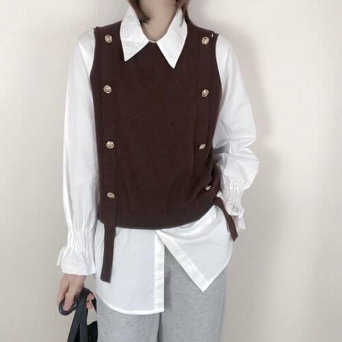 Sleeveless Knitted Vest + College Style Shirt Autumn And Winter 2021 New Fashion Casual Two-piece Suit Women