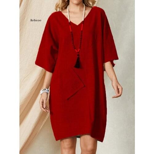 Women Pocket Dresses Summer Middle Sleeve Cotton Linen Vintage Dress Woman Dress