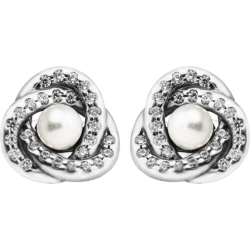Luminous Love Knots Stud Earring With White Crystal Pearl & Clear CZ 100% Sterling Silver Jewelry Free Shipping