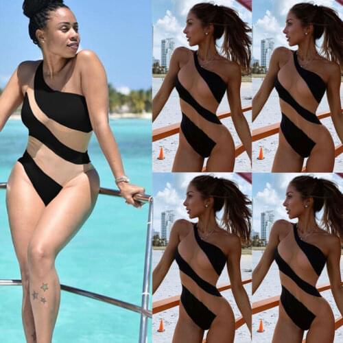 New Women One-Piece Mesh Patchwork Black Swimsuit Beachwear One Shoulder Sleeveless Bodycon Swimwear Push-up Monokini Bikini