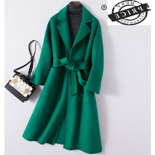 100% Wool Coat Female Fashion Ladies Both Side Cashmere Long Jacket + Belt Korean Elegant Slim Fit Wool Coat Hiver 1100a