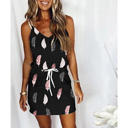 Plus Size Women Dress Vestidos Women Casual V-Neck Sleeveless Bandage Pocktes Printing Loose Vest Sling Dress Casual dress