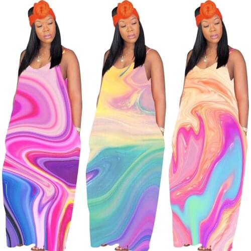 Women Tye Dye Maxi Dress Fashion Colorful Loose Sundress Sexy Boho Sleeveless Strap Long Dress Summer Clothings Plus Size S-3XL
