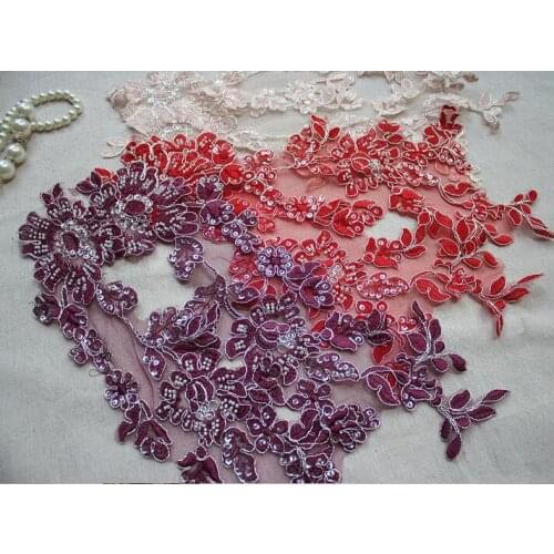 1 Pair/2 Pieces 36*15cm Exquisite Blossom Beaded Sequin Lace Applique Red Purple Light Shrimp Pink Lace Sewing Trims