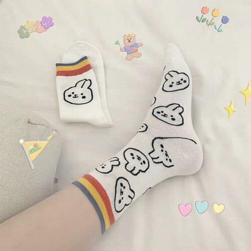 1 Pair of Cute cartoon womens Socks Novelty Happy Funny rabbit Socks White Black Kwaii Girls Socks Japan Harajuku Female socks
