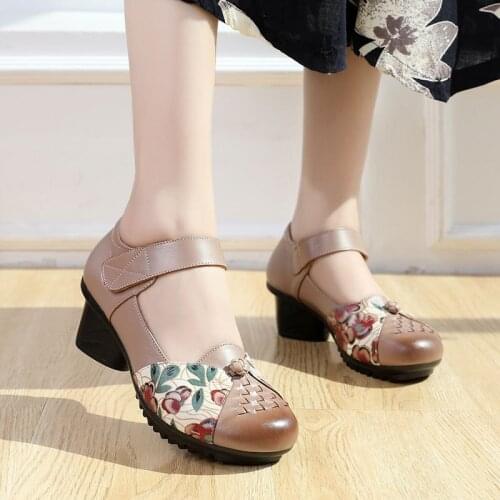 2021 new national style handmade genuine leather square heel womens pumps women casual single shoes mother shoes Plus Size