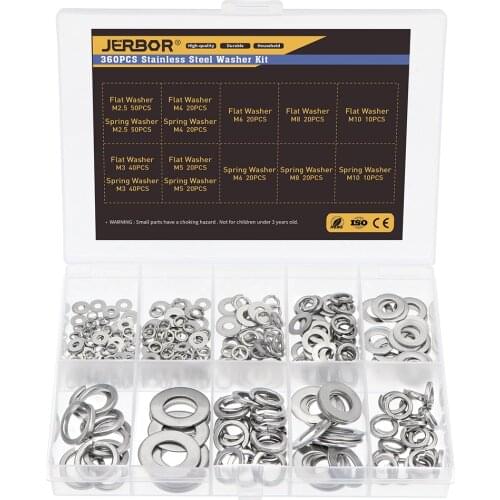360pcs Stainless Steel Flat Spring Washers M2.5 M3 M4 M5 M6 M8 M10 Split Lock Elastic Gasket Seal Assortment Boxed