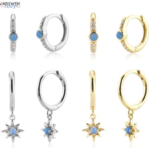 ANDYWEN 925 Sterling Silver Gold Sparkle Blue Star Circle Loops Drop Earring Women Clips Luxury Jewelry Match For Women Party
