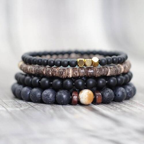 Fashion Men Bracelet Set Natural Volcanic Rock Onyx Stone Beaded Braslet 100% Wenge Wood Strand Braclet Yoga Charm Brazalete