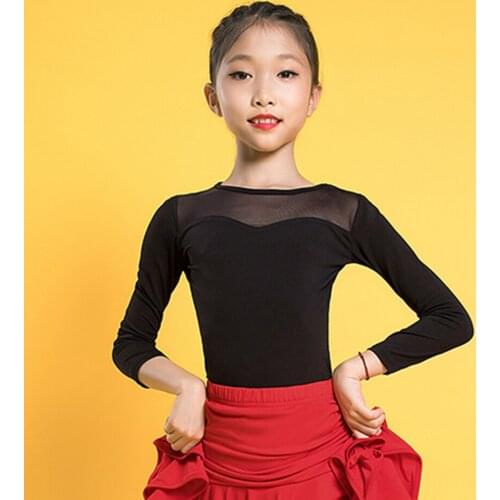 2021 New G1066 Long Sleeve Kids Latin Dance Tshirt Patchwork Girl Latin Dancing Clothes Belly Ballroom Tango Dresses