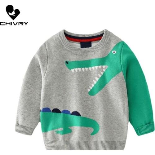 2021 Kids Children Pullover Sweater Autumn Winter Boys Cartoon Crocodile Jacquard O-neck Knitted Jumper Sweaters Tops Clothing