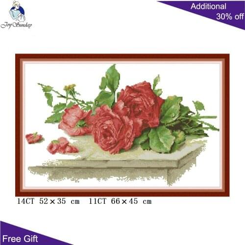 Joy Sunday Red Roses Cross Stitch H814 14CT 11CT Stamped and Counted Home Decor Red Roses On The Table Cross Stitch Kits