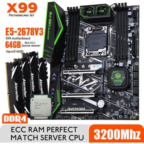 HUANANZHI Intel Xeon E5 2678 V3 X99 F8 Motherboard Set With DDR4 LGA2011-3 and 2011 64GB = 16GB *4pcs 3200MHz Memory REG ECC