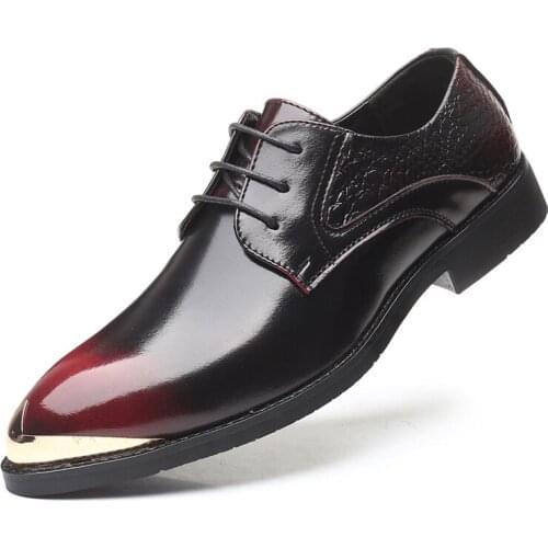 Fashion patent leather business shoes for men lace up dress Brogue shoe (black,red,gold) metal anticollision toe