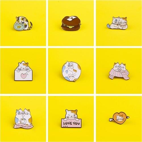 Cartoon Set Kawaii Cat Pins For Jeans Jacket Metal Badges On Clothes Anime Icon On a Backpack Lapel Pin Bags Badge Gifts Stripe