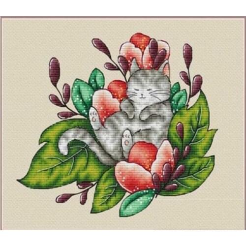 Sleepy cat in the flowers patterns counted 11CT 14CT Cross Stitch Sets DIY Chinese Cross-stitch Kits Embroidery Needlework
