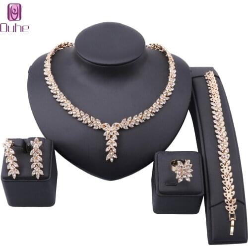 Leaf Shape Dangle Drop Party Crystal Earring Necklace Bracelet Ring African Nigerian Gold Color Wedding Jewelry Set for Brides