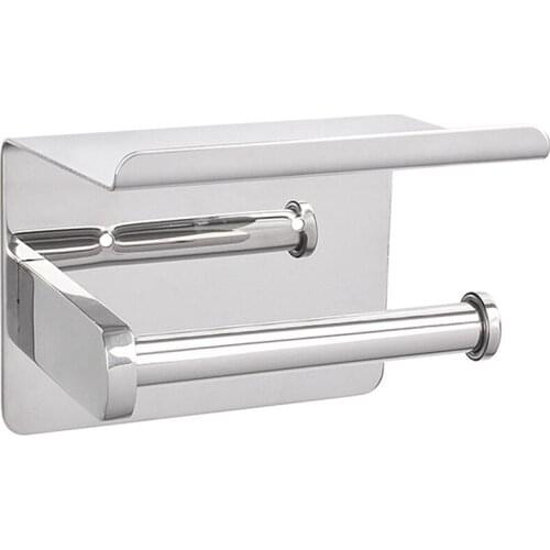 Stainless Steel Wall Mounted Toilet Roll Paper Holder Bathroom Self-Adhesive Tissue Rack with Mobile Phone Holder