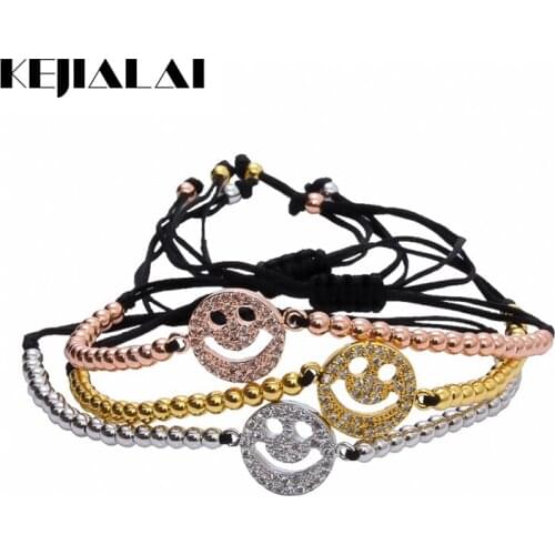 New Trendy Anil Arjandas Smile Face Bracelet, Micro Pave White CZ Smiling Face Charm & 3mm Copper Beads Briaded Macrame Bracelet