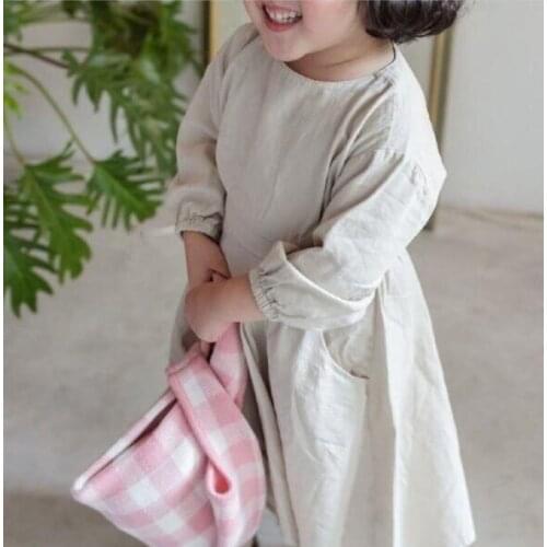 8883 Ins Japan Girls Clothes Casual Dress Autumn 2021 Cotton Linen Pocket Playful Long Sleeve Girls Princess Dress Outfits