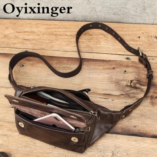 Oyixinger New Genuine Leather Man Chest Bag Coffee Cowhide Men Fashion Waist Pouch Small Outdoor Bags Men Sports Phone Bag 2021