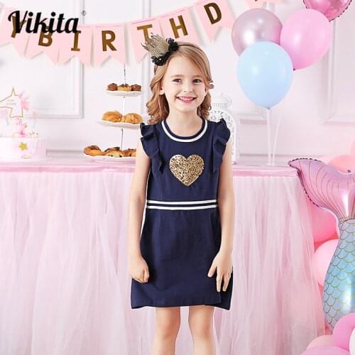 VIKITA Kids Cotton Dress for Summer Girls Reversible Sequins Dresses Children Heart Butterfly Cartoon Design Sleeveless Dresses