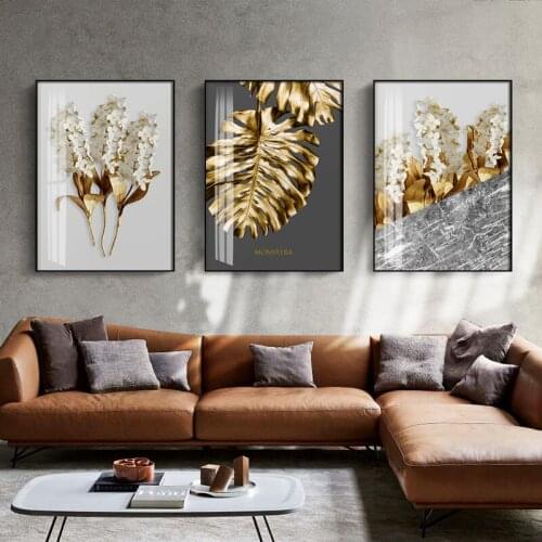Black White Feathers Nordic Golden Abstract Leaf Flower Wall Art Canvas Painting Poster for Living Room Home Decor (No Frame)