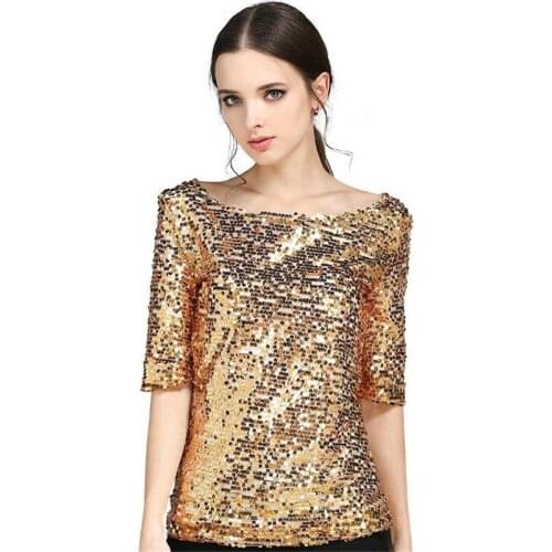 VIIANLES Sexy Shirts Summer Shirts Women Sequin Sparkle Glitter Top Streetwear Party Tops Half Sleeve Ladies Casual Shirt