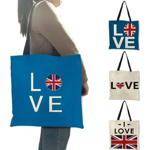 Love Series Tote Bag Blue Color Love Letter National Flag Country Printing Shoulder Bag Easy Carry Durable Linen Totes Portable