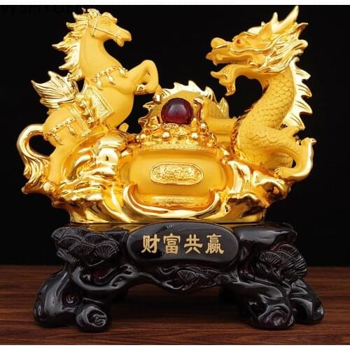 Chinese Style Golden Dragon and Horse Fengshui Resin Ornaments Home Living Room Wine Cabinet Decoration Opened Housewarming Gift