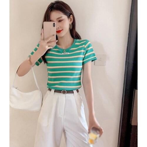 DAXIN Womens O Neck Rainbow Striped Summer T-Shirts Casual Slim Knitted Short Sleeve T-Shirt Tops Female Crop Top Ladies Shirt