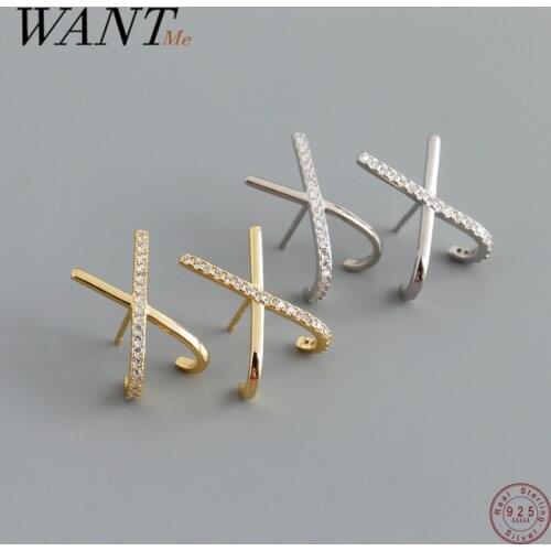 WANTME 925 Sterling Silver Bohemia Punk Letter X Cross White Zircon Stud Earrings for Women Charms Party Rock Jewelry Gift 2021