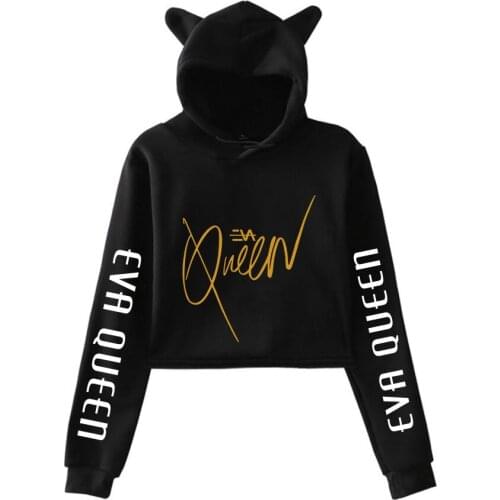 Eva Queen Print Cat Cropped Hoodies Women/Girl Long Sleeve Hooded Pullover Crop Tops Loose hooded hoodies