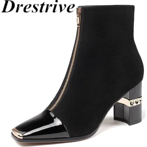 Drestrive Women Ankle Boots Kid Suede Square Metal Toe Zipper 2020 Winter Shoes Women Thick High Heel Black Patchwork