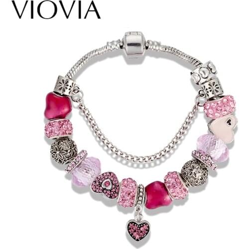 VIOVIA Pink Heart Charm Bracelets For Women Silver Color Fit Original Bracelets Bangle DIY Jewelry Pulseras Lovers Gift B16074
