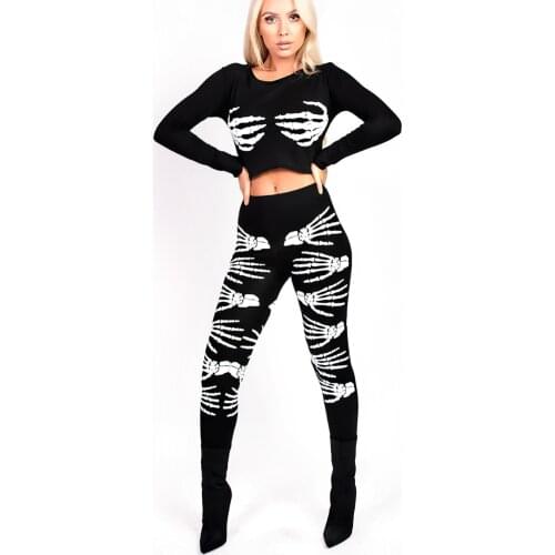 Women Black Sexy Skeleton Print Two Piece Set for Carnival Halloween Party Scary Cosplay Skeleton Ghost Costume
