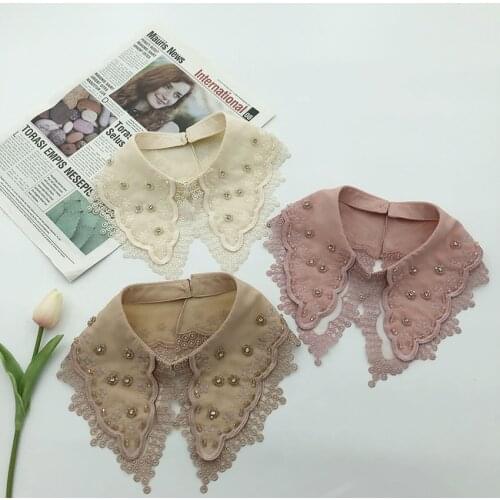 Women Neckwear Tie Rhinestone Embroidery Lace Flower Neckline Fake Collar Detachable False Collar Removable Lapel Blouse Tops