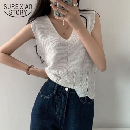 2021 Summer Solid V-neck Sleeveless Sweater Casual Office Lady Hollow Out Sexy Women Blouses Tops Blusas Mujer De Moda 14679