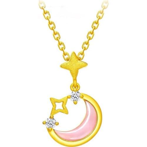 MADALENA SARARA 18K Gold Star Surround Moon Slide Pendant Women Necklace Diamond Lady Chain Necklace Au 750 Pink Shell