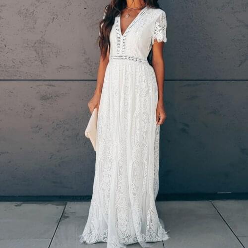 2021 Summer Vintage Women Maxi Party Dress Short Sleeve White Lace Long Tunic Beach Dress Vocation Holiday Clothes