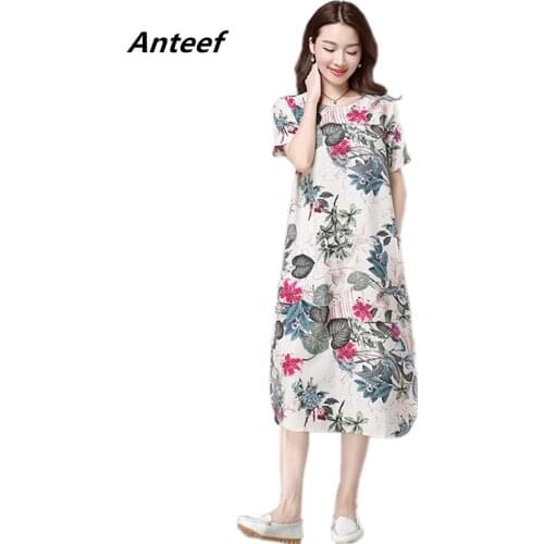 Short sleeve cotton linen vintage floral dresses for women casual loose long summer dress elegant clothes 2021