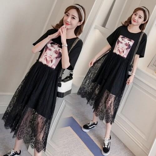 2142# Maternity Clothes Summer Cotton Lace Short Sleeve Loose Stylish Dress for Pregnant Women Pregnancy Clothes
