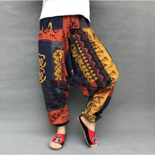 Mens Summer Retro Casual Harem Ethnic Printing Large Crotch Loose Pants Trouser Cotton Linen Comfy Soft Breathable